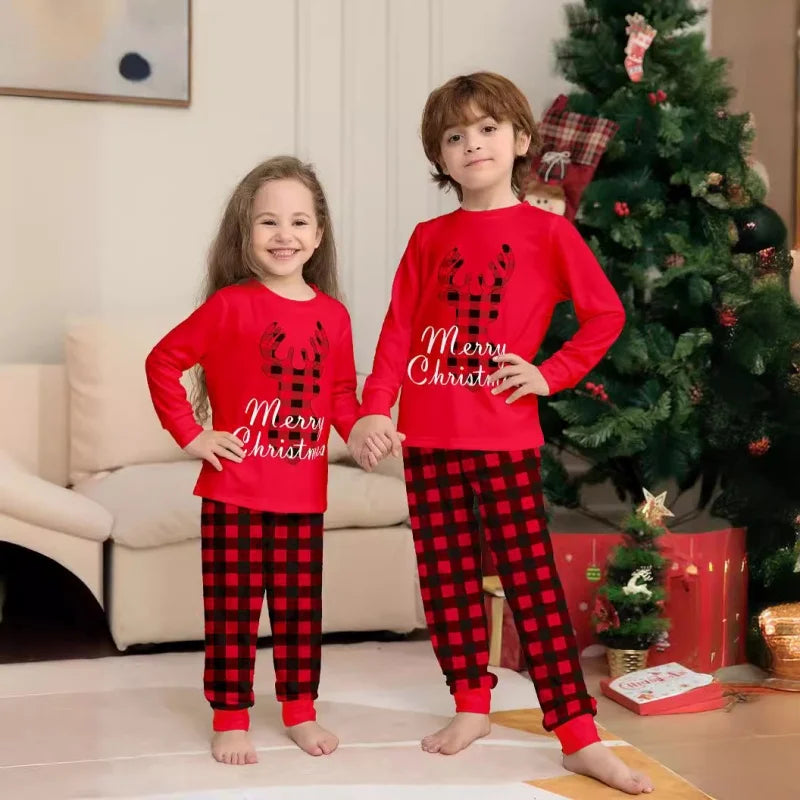 Merry Christmas Pajamas Set Fawn Plaid Print Mother Father Kids Matching Outfits Soft Cute 2pcs Suit Sleepwear Xmas Family Look